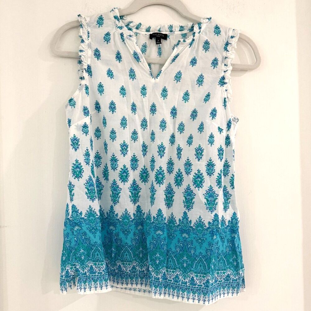 Talbots Womens Petite Sleeveless Blue White Botanical Print Ruffle Lightweight
